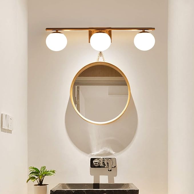 New Bathroom Vanity Light 3 Lights Fixtures Brushed Brass Milk White Globe Glass Shade Modern Wall Bar Sconce Over Mirror (Exclude G9 Bulb)