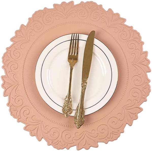 Noctiflorous Round Faux Leather 15 Inch Placemats Set of 4 Waterproof Wipeable Heat Resistant Tablemat for Dining Table Kitchen Non Slip Oilproof Table Place Mat for Indoor Outdoor(Pink, 4)