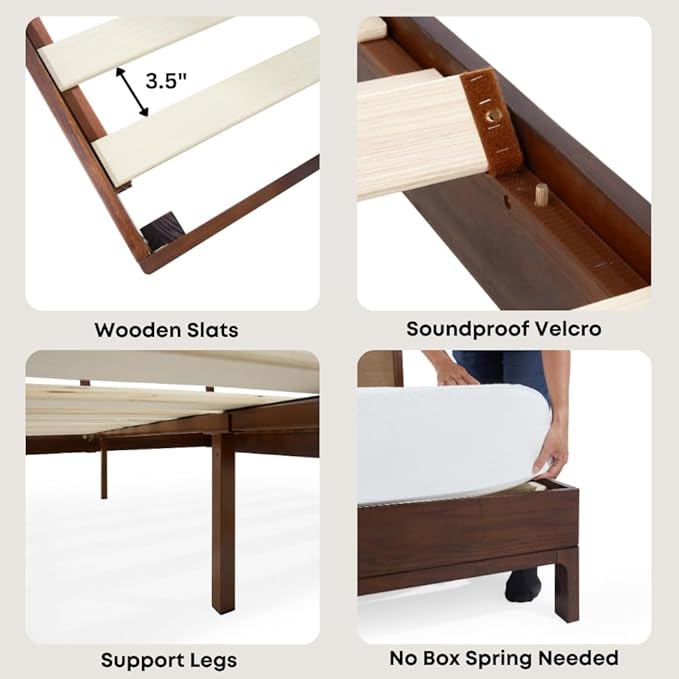 Bme Nipe Queen 14 Inch Bohemian Bed Frame with Adjustable Woven Headboard - Rustic & Vintage Unique Style with Acacia Wood - No Box Spring Needed - Easy Assembly - Walnut