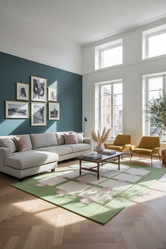 Greer Wool Area Rug - Soft Hand-Tufted Geometric Design with Pink and Green Color Palette, Perfect for Modern Home Decor (7x11 Ft)