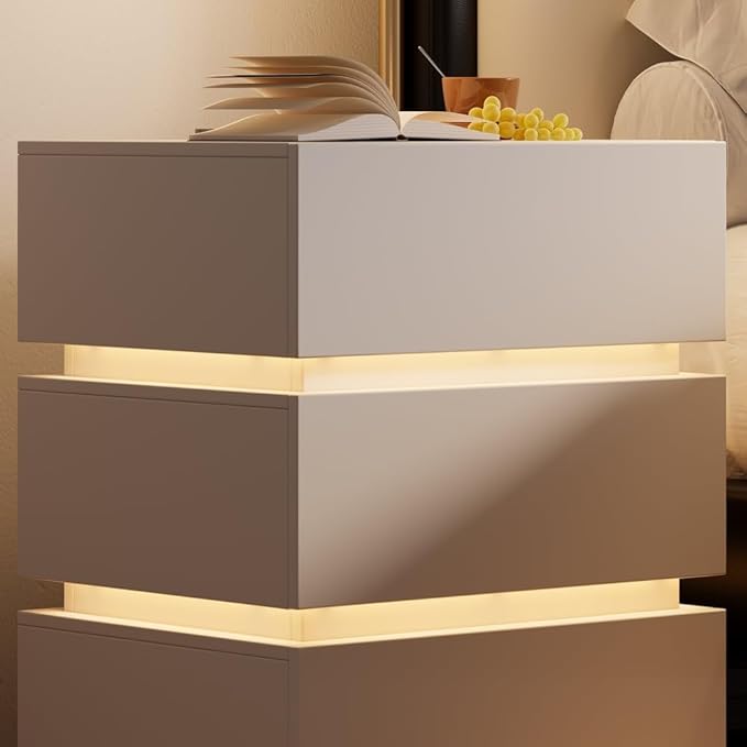 homary Modern Smart Nightstand with Wireless Charging Station, Bedside Table with 3 Drawers, White Night Stand with LED Light