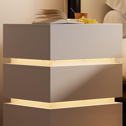 homary Modern Smart Nightstand with Wireless Charging Station, Bedside Table with 3 Drawers, White Night Stand with LED Light