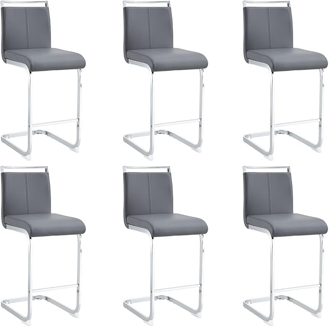 Bar Stools Set of 6,25" Counter Height Bar Stools with Footrest,Grey Faux Leather Kitchen Stools with Chrome Plated Metal Leg,Counter Height Stool Ideal for Island Pub Kitchen Counter Dining Chair
