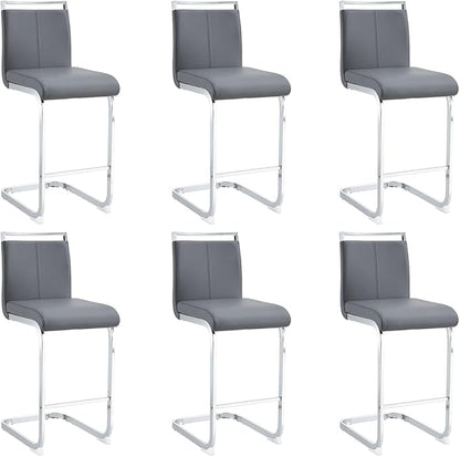 Bar Stools Set of 6,25" Counter Height Bar Stools with Footrest,Grey Faux Leather Kitchen Stools with Chrome Plated Metal Leg,Counter Height Stool Ideal for Island Pub Kitchen Counter Dining Chair