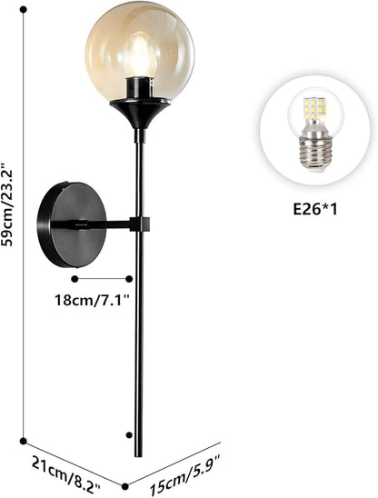 KCO Lighting Amber Glass Globe Wall Sconce Black Slim Long Arm Wall Lamp Mid Century Modern Wall Mounted Reading Light for Bedside Stairs Bathroom Mirror