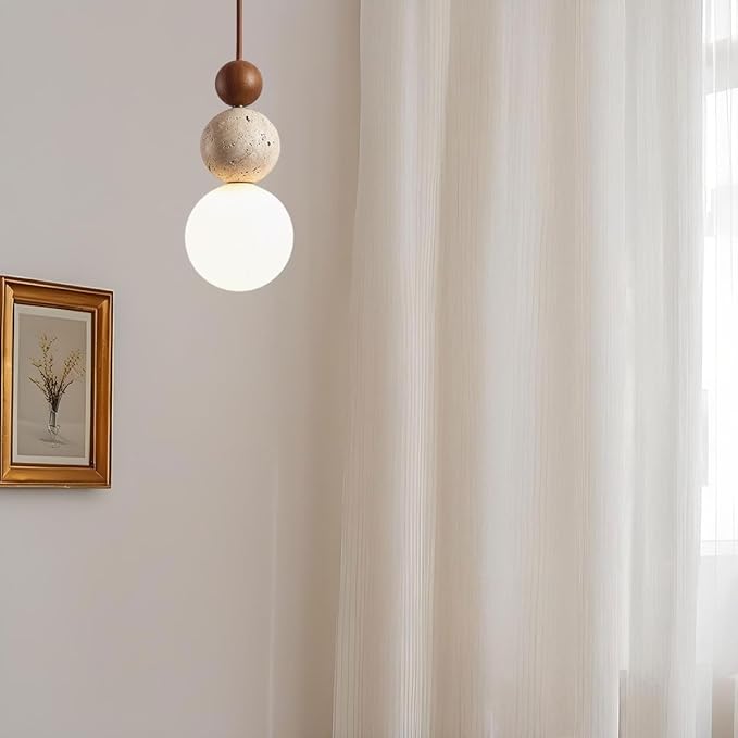 Stylish Modern Pendant Light with Stone and Wood, Unique Two-Ball Design Ceiling Lamp, Perfect for Dining Room, Kitchen Island, Living Room, Bedroom Decor, Elegant Home Lighting(Brown)