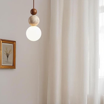 Stylish Modern Pendant Light with Stone and Wood, Unique Two-Ball Design Ceiling Lamp, Perfect for Dining Room, Kitchen Island, Living Room, Bedroom Decor, Elegant Home Lighting(Brown)