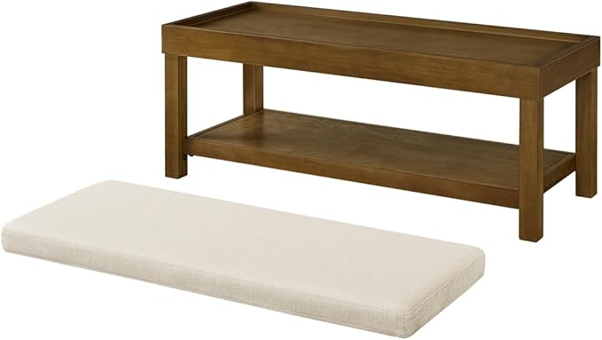24KF Large Rectangular Storage Bench,Upholstered Seat Cushion,Ottoman Coffee Table with Ivory Removable Cushion for Living Room,Entryway Bench Bed Bench with Solid Wood Shelf,5069-Ivory