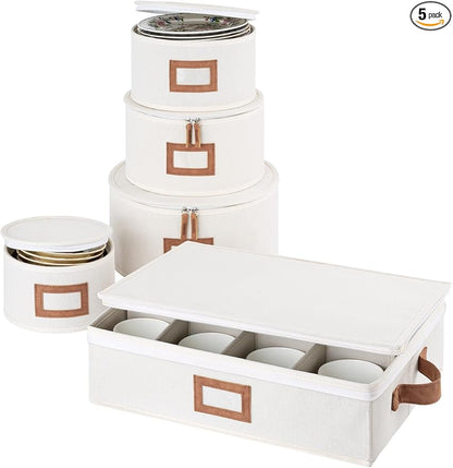 StorageWorks China Storage Containers, Hard Shell China Storage Boxes for Dishes, Plates and Mugs, Stemware Storage Cases, Holds up to 12 Place Setting, Foldable and Stackable Organizer, 5 Pack, Beige