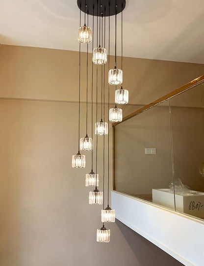 Long Chandeliers for High Ceilings,Modern Crystal Pendant Light,Raindrop Drop Lamp,Hanging Lighting Fixtures for Spiral Staircase,Foyer,Entryway,Living Room,Black (12 Lights)