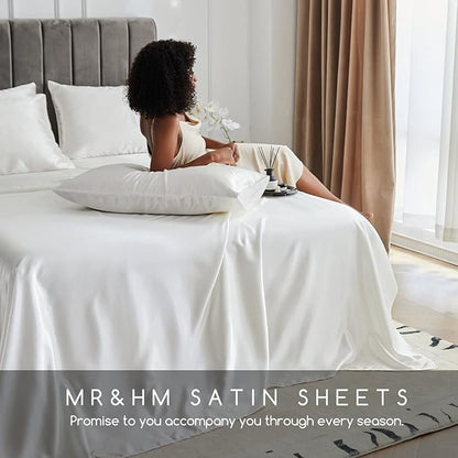 MR&HM Satin Bed Sheets, King Size Sheets Set, 6 Pcs Silky Bedding Set with 15 Inches Deep Pocket for Mattress (King, Ivory)
