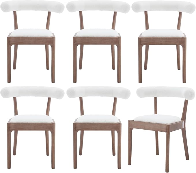Wood Dining Chairs Set of 6, Mid Century Modern Living Room Chairs with Unique Curved Open Back Comfy Upholstered Side Chair for Kitchen/Restaurant/Reception, Sherpa White