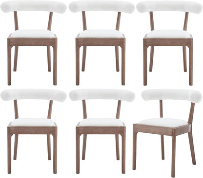 Wood Dining Chairs Set of 6, Mid Century Modern Living Room Chairs with Unique Curved Open Back Comfy Upholstered Side Chair for Kitchen/Restaurant/Reception, Sherpa White