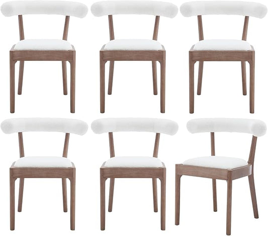 Wood Dining Chairs Set of 6, Mid Century Modern Living Room Chairs with Unique Curved Open Back Comfy Upholstered Side Chair for Kitchen/Restaurant/Reception, Sherpa White