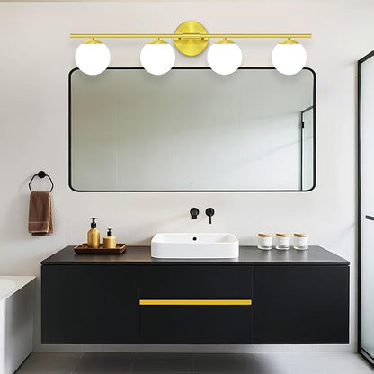 New Bathroom Vanity Light Fixtures Brushed Bronze Milk White Globe Glass Shade Modern Wall Bar Sconce Over Mirror (Brushed Brass, 4T)