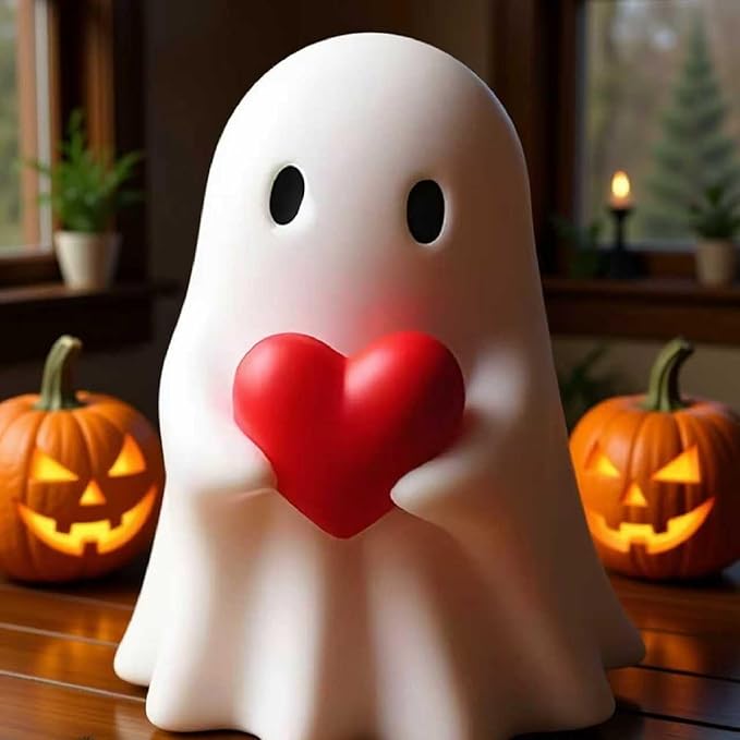 Halloween Ghost Figurine - Spooky Resin Ghost Statue, Cute Red Heart Ghost Halloween Decor Home Decoration Humorous Desktop Art Piece