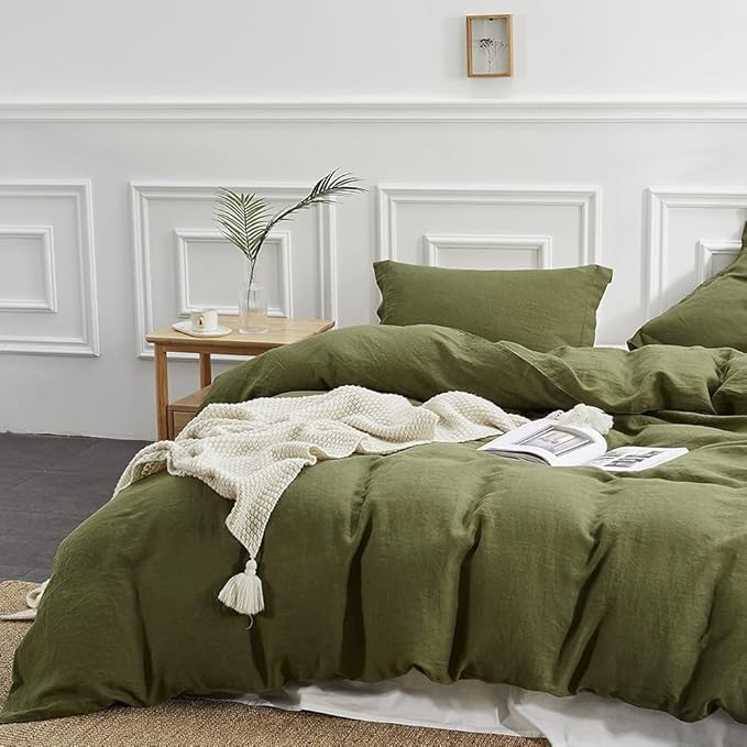 Simple&Opulence 100% Linen Duvet Cover Set, 3 PCS Natural French Flax Olive Green Duvet Cover King Size, Breathable Soft Comfy Linen Bedding Comforter Cover with 2 Pillowcases(Olive Green, 104"x92")