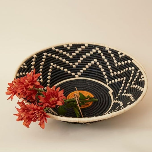 Home and Kitchen, Decorative Bowl, Fruit Basket, Table Tray, Entryway Key Holder, Wicker, Handwoven, Raffia, Large, 16" Dia, Black