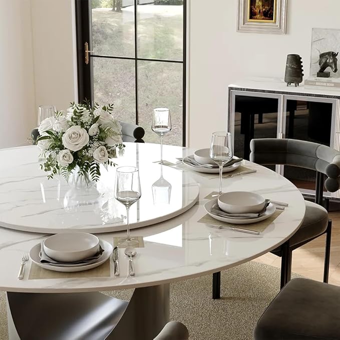 POVISON Round Dining Table for 6, 59" Glossy White Sintered Stone Tabletop Dining Table with 31" Lasy Susan, Grey Carbon Steel Pedestal, Modern Dining Room Table for Kitchen (Table Only)