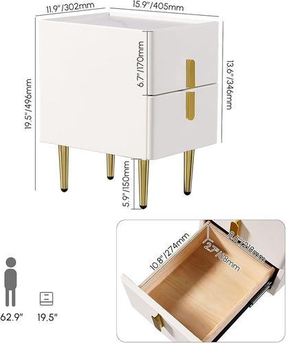 homary Modern Narrow Night Stand, Off White Nightstand with 2 Drawer, Beige Bedside Table in Gold Legs for Bedroom