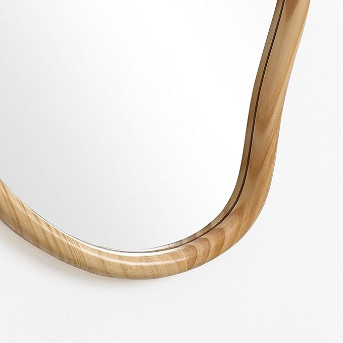 LuxenHome Asymmetrical Natural Wall Mirror for Bathroom, Large Irregular Oval Modern Decorative Vanity Mirror with Solid Wood Frame, Wall Mounted Hanging Sculptures for Living Room Bedroom Entryway