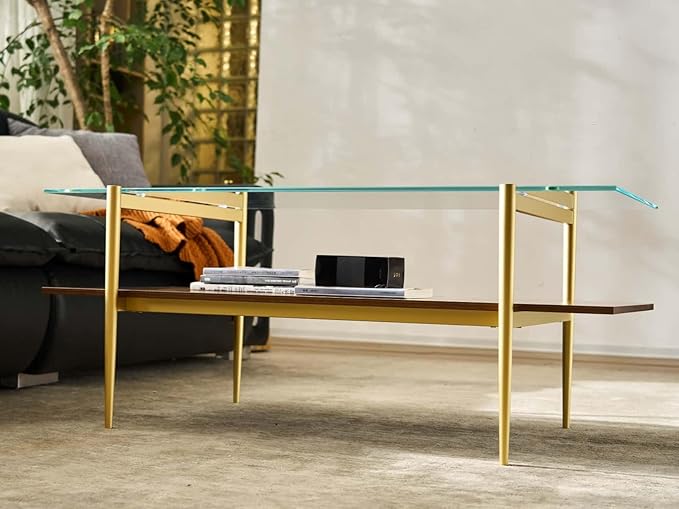 AGV LIGHTING Tadio Glass Coffee Table, Mid-Century Modern Coffee Table for Living Room, Gold Finish Leg, Clear Glass Top & Walnut Brown Wood Shelf, 41 in Length