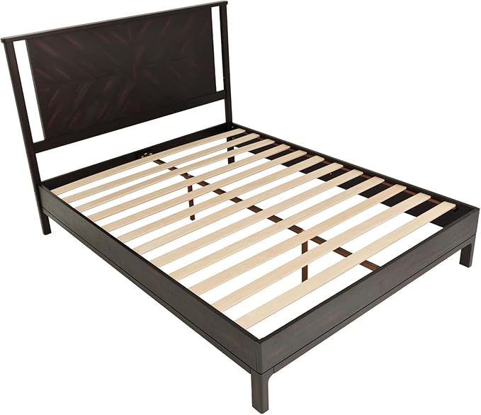 Bme Vivian 14 Inch Deluxe Bed Frame with Headboard, Rustic & Scandinavian Style with Solid Acacia Wood, No Box Spring Needed, 12 Strong Wood Slat Support, Easy Assembly, Queen, Rustic Black