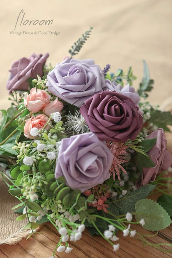 Floroom Artificial Flowers 25pcs Real Looking Plum Foam Fake Roses with Stems for DIY Wedding Bouquets Bridal Shower Centerpieces Floral Arrangements Party Home Decorations
