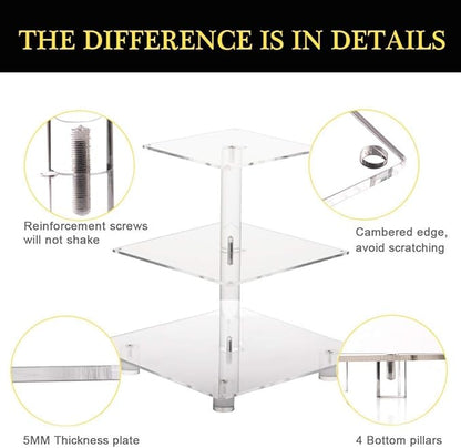 YestBuy 3 Tier Clear Square Cupcake Stand - Premium Cupcake Holder - Acrylic Cupcake Tower Display - Cady Bar Party Décor + LED Light String - Ideal for Weddings, Birthday Parties (Yellow Light)