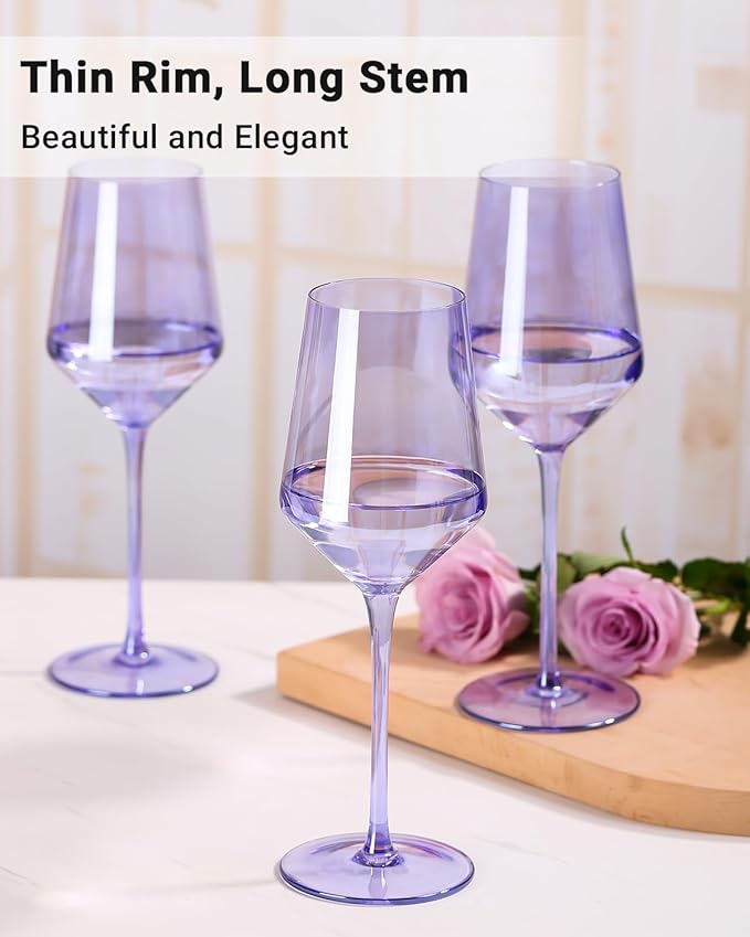 Physkoa Lavender Purple Wine Glasses Set of 6-15oz Hand Blown Crystal Colored Wine Glasses with Long Stem, Wedding, Birthday, Christmas Glassware Gifts for Lovers