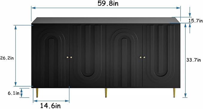 Modern Sideboard Buffet 60" Black Accent Cabinet, Entryway Table with Storage Wood Credenzas for Living Room Home Bar, 4 Doors & Adjustable Shelves
