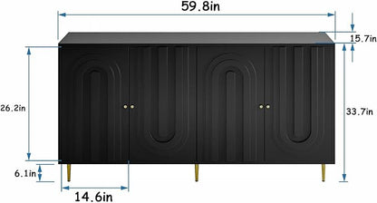 Modern Sideboard Buffet 60" Black Accent Cabinet, Entryway Table with Storage Wood Credenzas for Living Room Home Bar, 4 Doors & Adjustable Shelves