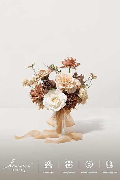 Ling's moment Gold Sparrow Bridesmaid Bouquet, Wedding Bouquets for Bridesmaids, 7 Inch Bridal Bouquets for Bridesmaids, Wedding, Ceremony, Anniversary, etc.