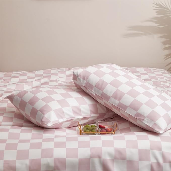 Pureant Pink White Plaid Comforter Sets Queen Women Men Bean Pink and White Checkerboard Grid Bedding Comforters Cotton Boys Girls Modern Dusty Pink Checkered Geometric Quilts Luxury Abstract Bed