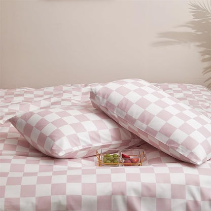 Pureant Pink White Plaid Comforter Sets Full Women Men Bean Pink and White Checkerboard Grid Bedding Comforters Cotton Boys Girls Modern Dusty Pink Checkered Geometric Quilts Luxury Abstract Bed