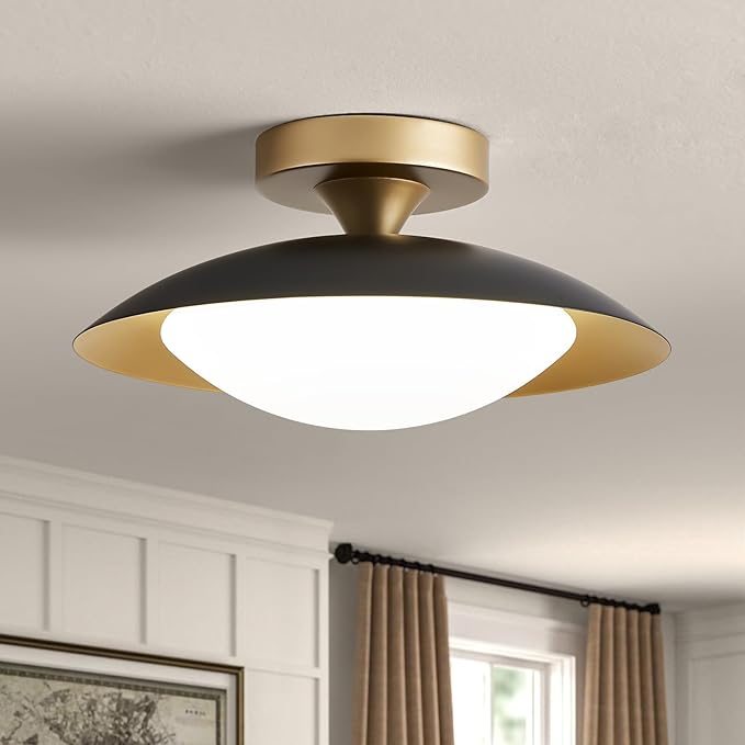 Dimmable Small Mid Century Modern Flush Mount Ceiling Light with Acrylic Shade,Black and Gold LED Ceiling Lights,5CCT 2700K-6000K Light Fxiture for Hallway Entryway Bedroom Kitchen Laundry Room 11.8in