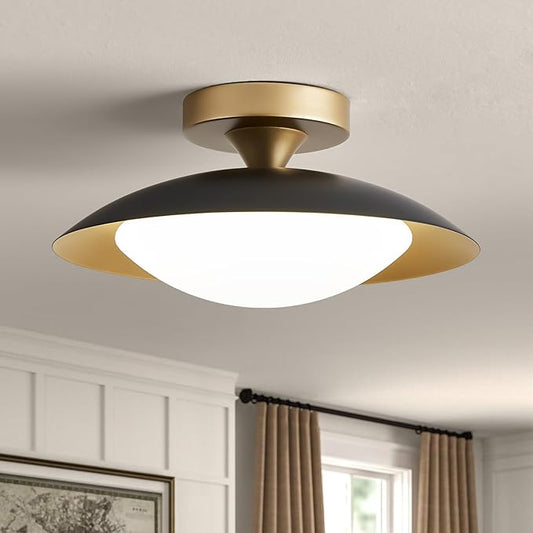 Dimmable Small Mid Century Modern Flush Mount Ceiling Light with Acrylic Shade,Black and Gold LED Ceiling Lights,5CCT 2700K-6000K Light Fxiture for Hallway Entryway Bedroom Kitchen Laundry Room 11.8in