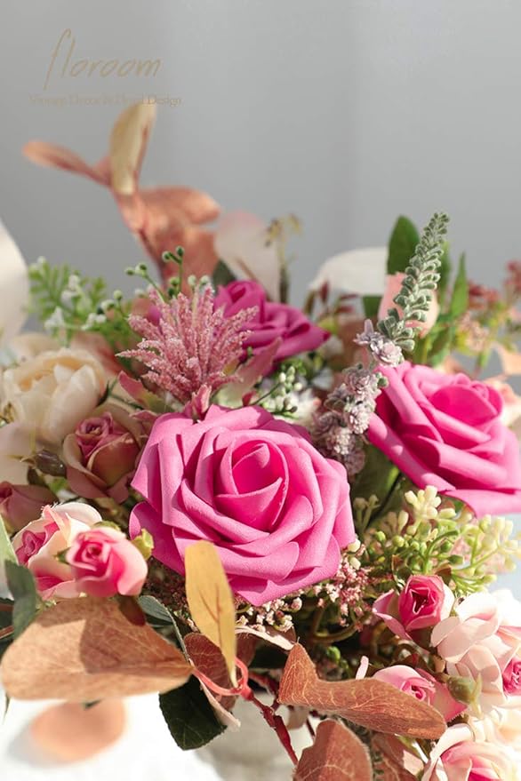 Floroom Artificial Flowers 50pcs Real Looking Hot Pink Foam Fake Roses with Stems for DIY Wedding Bouquets Baby Shower Centerpieces Floral Arrangements Party Tables Home Decorations