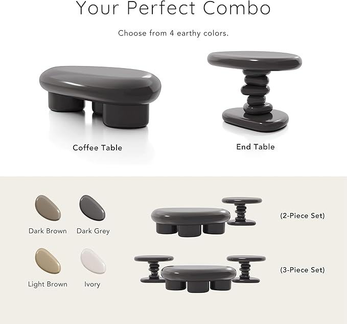 24/7 Shop at Home Kavren Modern 37-inch 2-Piece Oval Glossy Low Profile Coffee Table Set, Stone Shape Living Room Furniture for Small Space, Light Brown