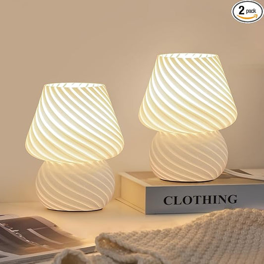 ONEWISH Mushroom Lamps Set of 2 - Small Table Lamp with Striped Glass, Nightstand Lamp for Bedroom, Living Room, Bulb Included(White)