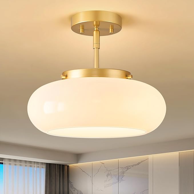 Mid-Century Modern Gold Semi Flush Mount Ceiling Light, 3-Light Kitchen Light Fixtures with Glass Shade for Entryway Hallway Bathroom Bedroom (12.6 Inch)