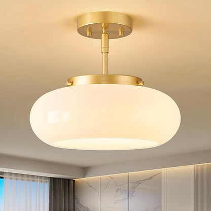 Mid-Century Modern Gold Semi Flush Mount Ceiling Light, 3-Light Kitchen Light Fixtures with Glass Shade for Entryway Hallway Bathroom Bedroom (12.6 Inch)