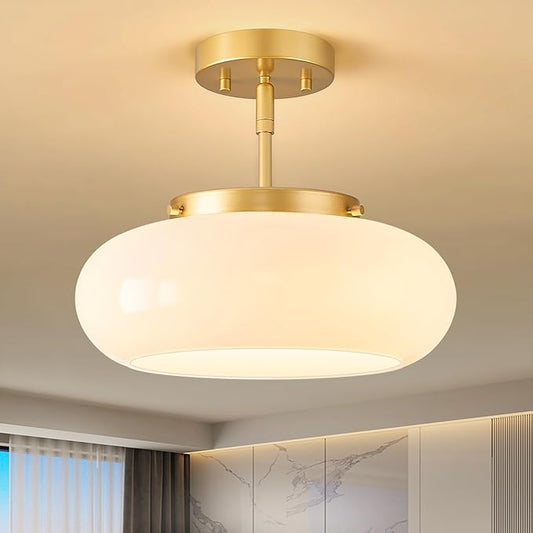 Mid-Century Modern Gold Semi Flush Mount Ceiling Light, 3-Light Kitchen Light Fixtures with Glass Shade for Entryway Hallway Bathroom Bedroom (12.6 Inch)