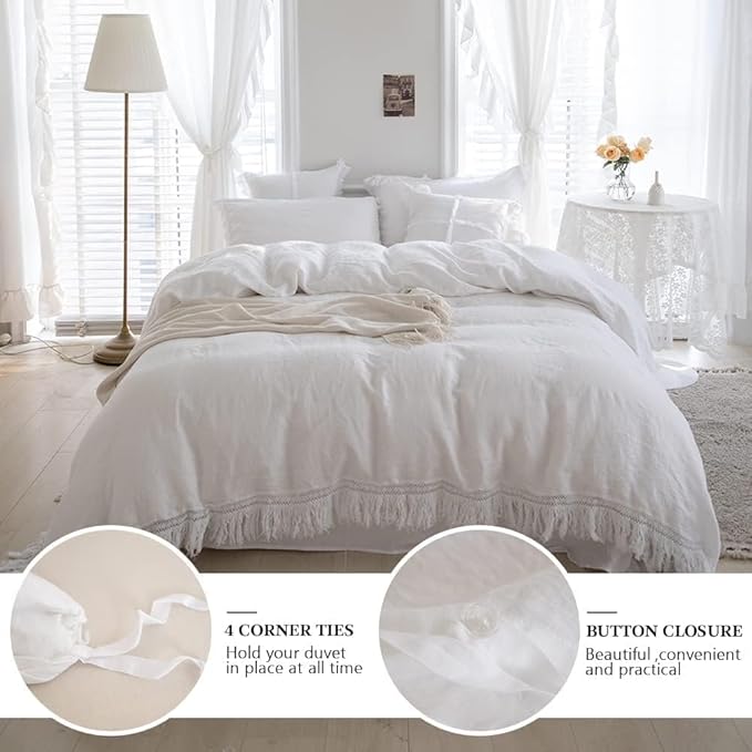 Simple&Opulence 100% Linen Boho Duvet Cover,3pcs Bohemian Textured Collection Bedding Set for All Seasons,French Country Comforter Cover Set with Pillow Shams(Full, Tassel-White)