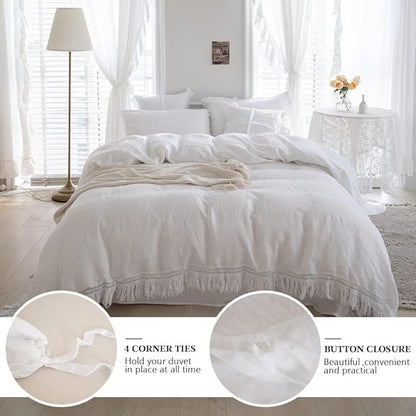 Simple&Opulence 100% Linen Boho Duvet Cover,3pcs Bohemian Textured Collection Bedding Set for All Seasons,French Country Comforter Cover Set with Pillow Shams(Full, Tassel-White)