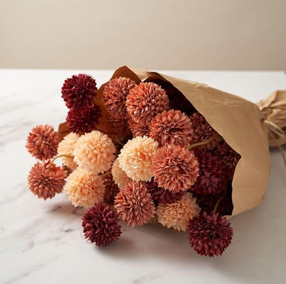 Fall Flowers, Burnt Orange Faux Kiku Flowers Artificial 10 Stems + Eucalyptus, Fake Silk Mums Fall Floral Centerpiece, Autumn Decor, Terracotta Mini Balls Faux Stems For Vase, Decoración de Otoño
