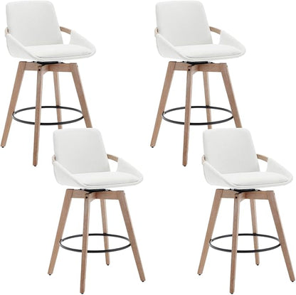 Mid-Century Swivel Bar Stools Set of 4, 26.5 inch Counter Height Barstools Linen Fabric Bar Chairs with Wooden Frame for Kitchen Island Dining Room, White