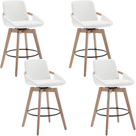 Mid-Century Swivel Bar Stools Set of 4, 26.5 inch Counter Height Barstools Linen Fabric Bar Chairs with Wooden Frame for Kitchen Island Dining Room, White