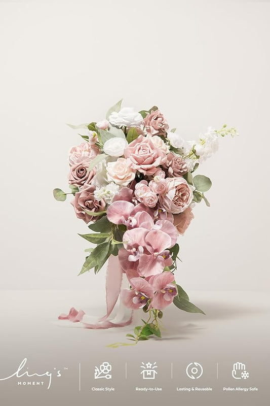 Ling's moment Dusty Rose Bridal Bouquet Cascading, Pink Wedding Bouquets for Bride, 15 Inch Bride Bouquet Orchids Artificial Wedding Flower Bouquet