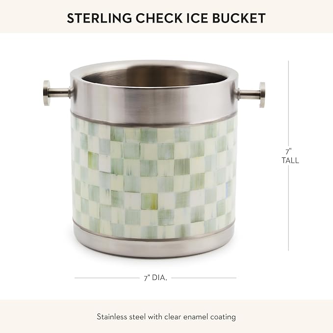MACKENZIE-CHILDS 3260 Ice Bucket, Decorative Stainless-Steel Bucket and Ice-Cube Bin, Gray-and-White Sterling Check